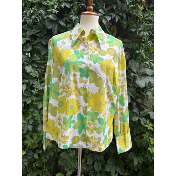 70s Dagger Collar Flower Power Shirt Green Yellow Sheer Floral Volup Custom Made - Picture 3 of 10